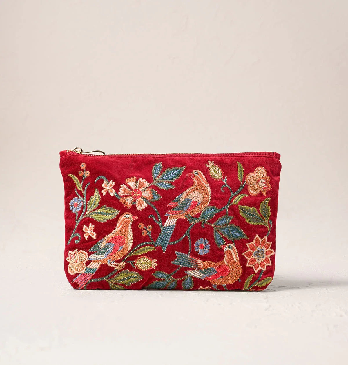 Elizabeth Scarlett Everyday Pouch Botanical Birds Velvet Rouge