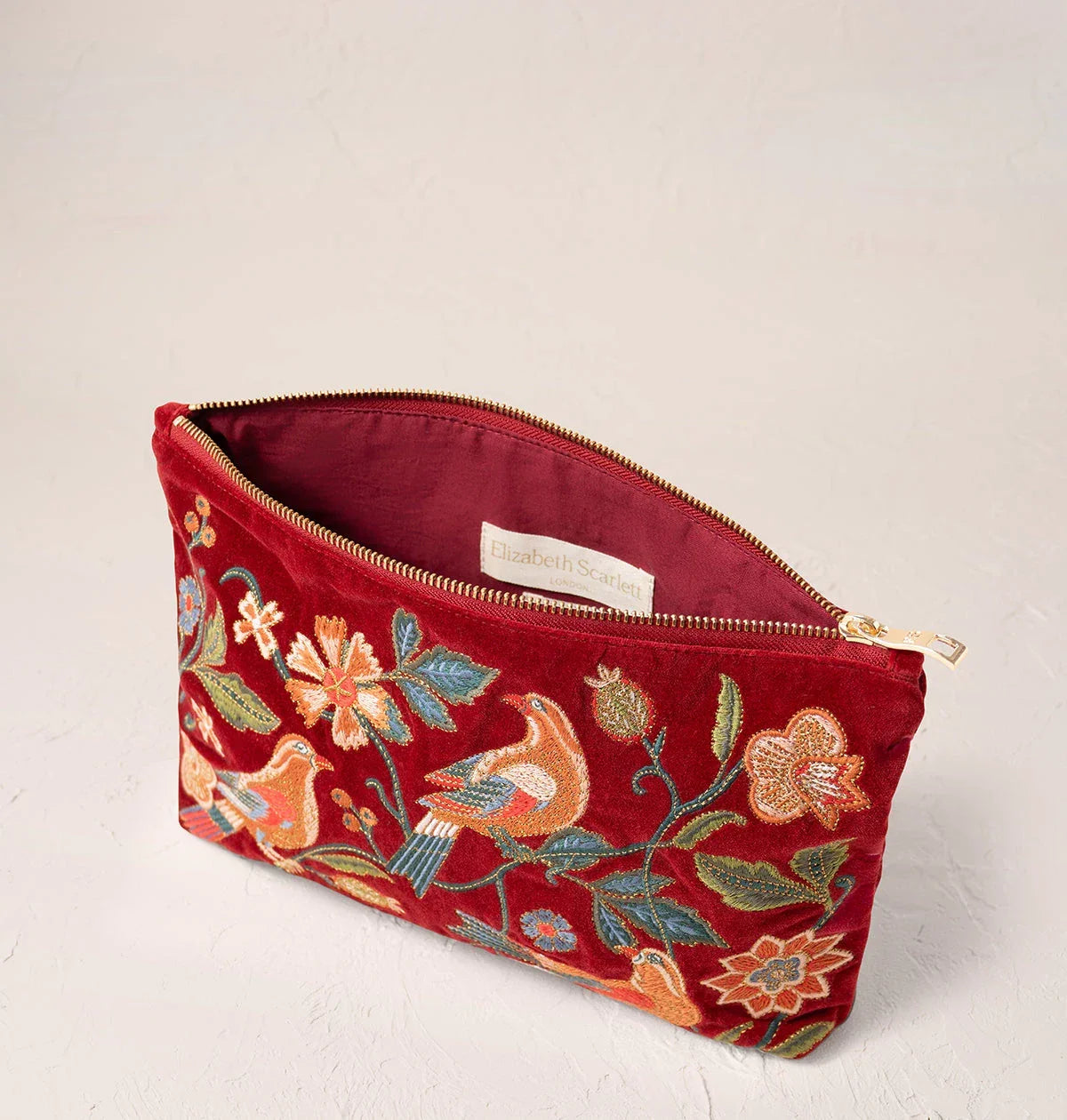Elizabeth Scarlett Everyday Pouch Botanical Birds Velvet Rouge