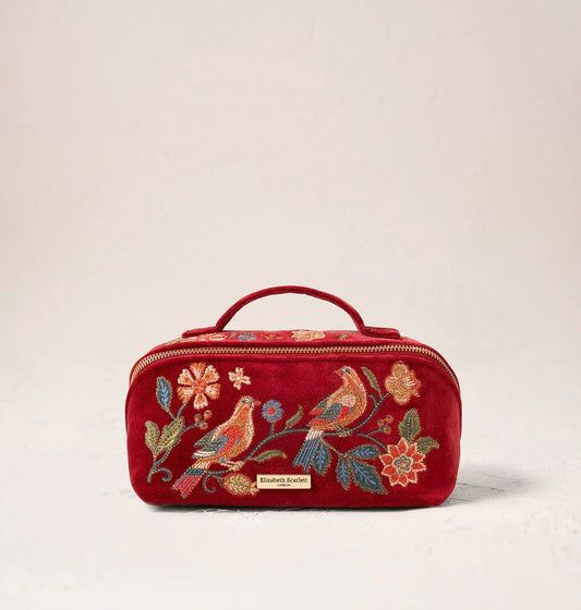 Elizabeth Scarlett Open Flat Makeup Bag Botanical Birds Velvet Rouge